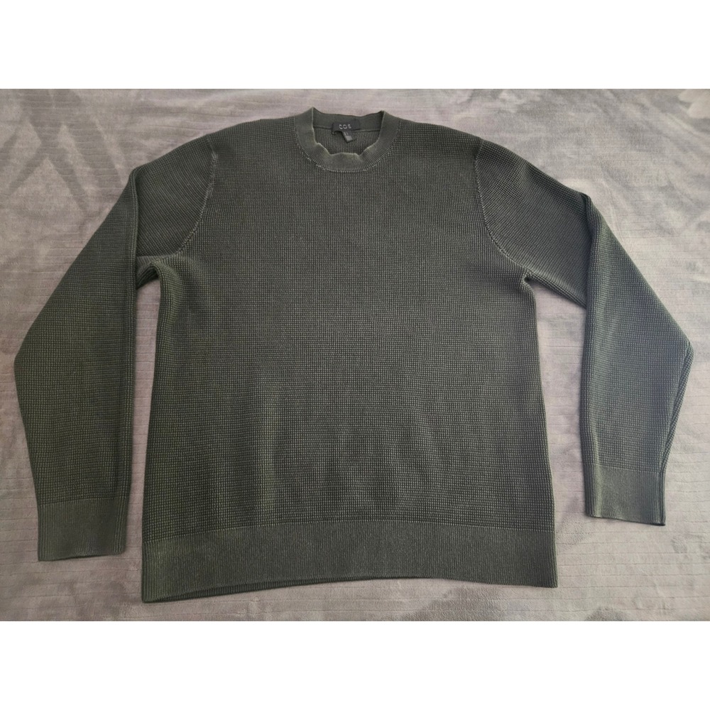 COS Mens Waffle Knit Crewneck Sweater Dark Olive Green Cotton Blend Large
